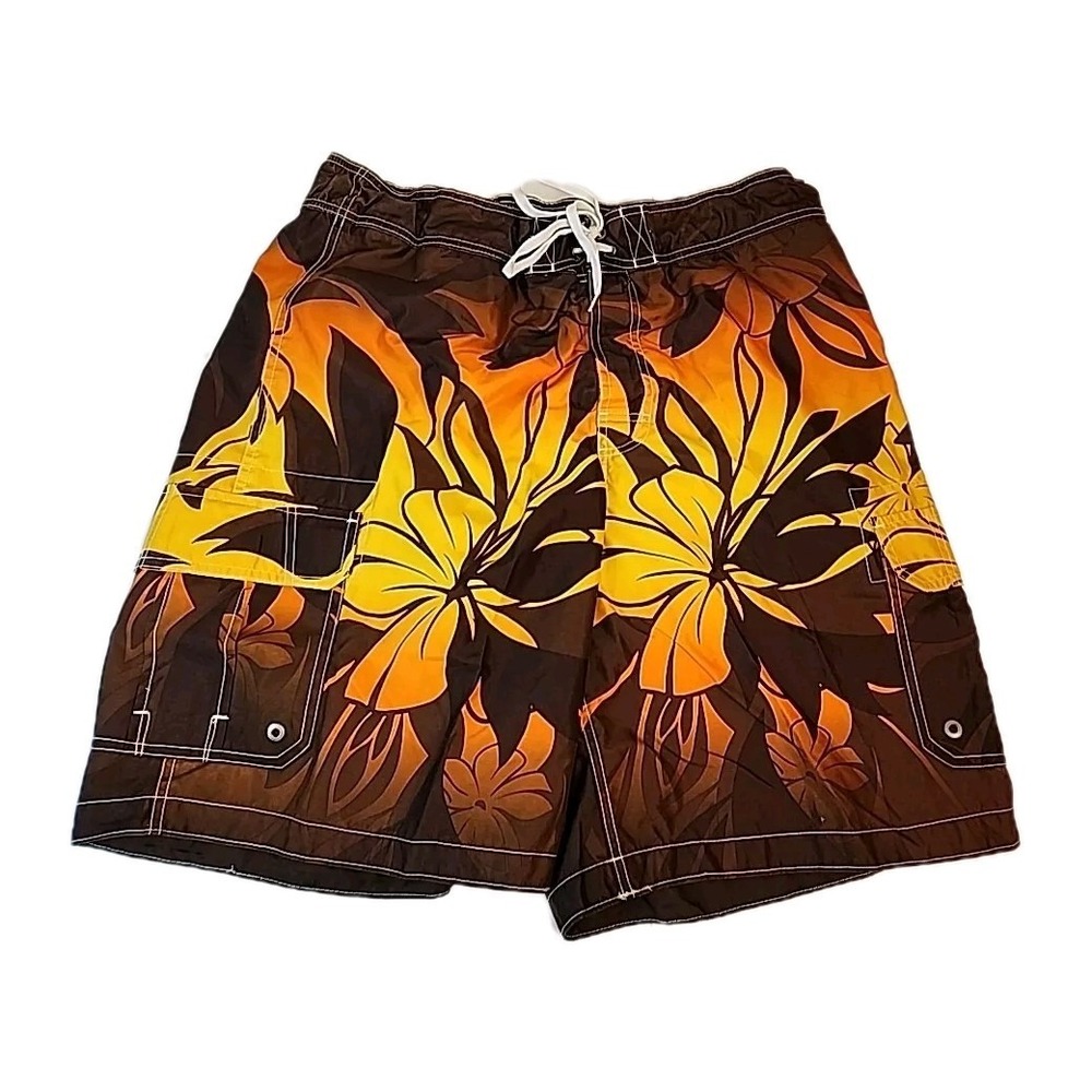 Merona Aloha Swim Trunks Mens XL‎ Brown Orange Hawaiian Tropical Drawstring Mesh